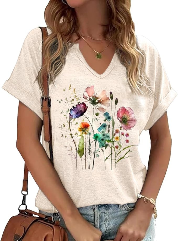 PUCKOLITY Vintage Flowers V Neck Shirt for Women Boho Floral Wildflowers Graphic Tee Casual Cotta... | Amazon (US)