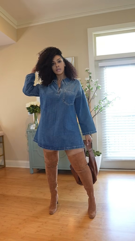 Denim dress szn is here and I’m pairing mine with tall boots and neutrals. Effortless, cozy, and cute for fall. Everything’s linked! 