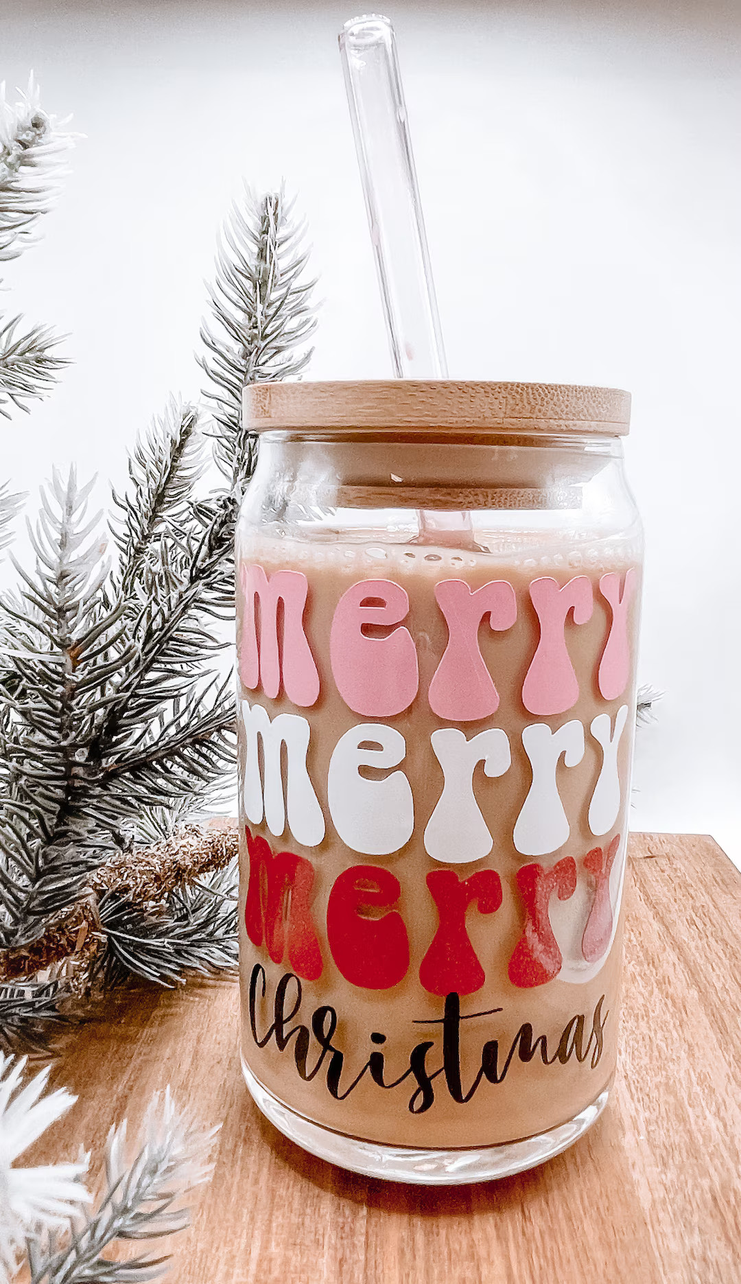 Merry Christmas Pink Retro Iced Coffee Glass, Christmas Glass, Iced Coffee Glass, Xmas Coffee Glass, | Etsy (US)