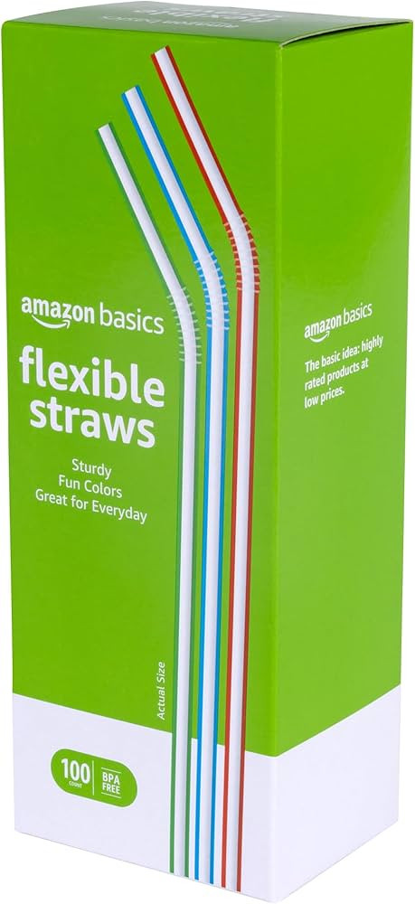 Amazon Basics Disposable Striped Plastic Flex Straws, 7.5" Long, Assorted Colors, 100 Count, Larg... | Amazon (US)
