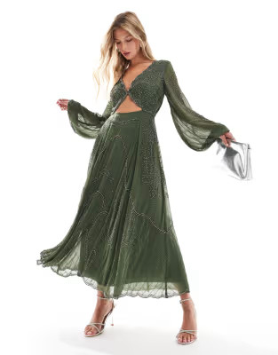 ASOS DESIGN embellished long sleeve cut out midi dress in dark khaki | ASOS (Global)