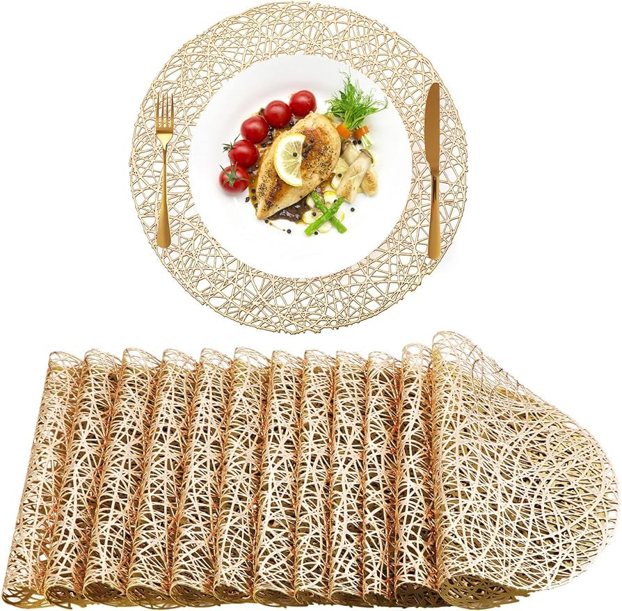 Sieral 12 Packs Gold Round Placemats 15 Inch Hollow Out Pressed Vinyl Place Mats Heat Resistant W... | Amazon (US)