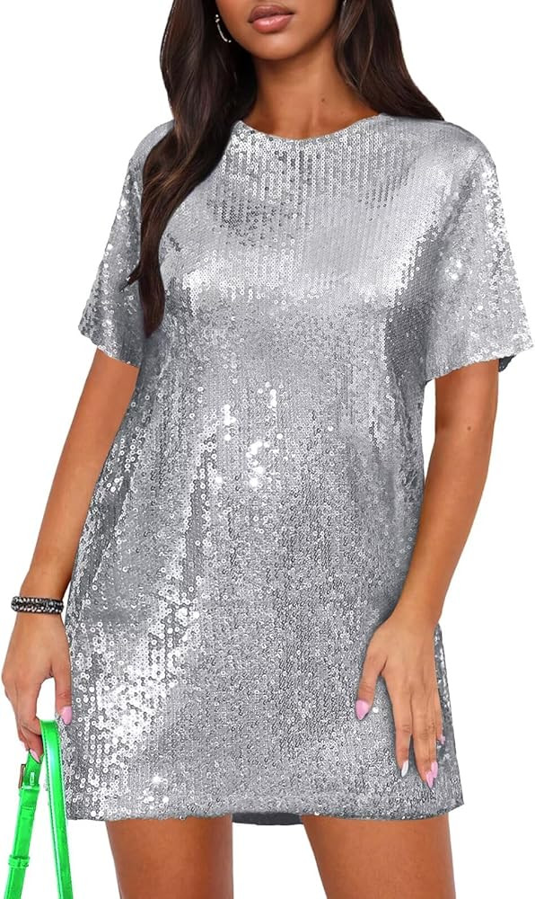 Ophestin Women's Sparkly Sequin T Shirt Dress Short Sleeve Crewneck Tie Backless Glitter Party Cl... | Amazon (US)
