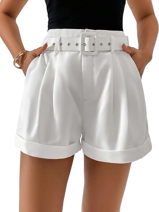 SweatyRocks Women's Casual High Waist Wide Leg Shorts Plicated Roll Hem Belted Shorts | Amazon (US)