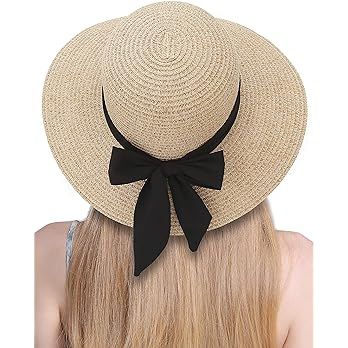 Womens Straw Hat Wide Brim Floppy Beach Cap Adjustable Sun Hat for Women UPF 50+ | Amazon (US)