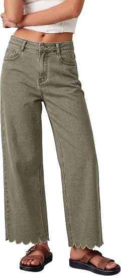 Tankaneo Womens Wide Leg Jeans High Waist Cropped Scalloped Hem Denim Pants | Amazon (US)