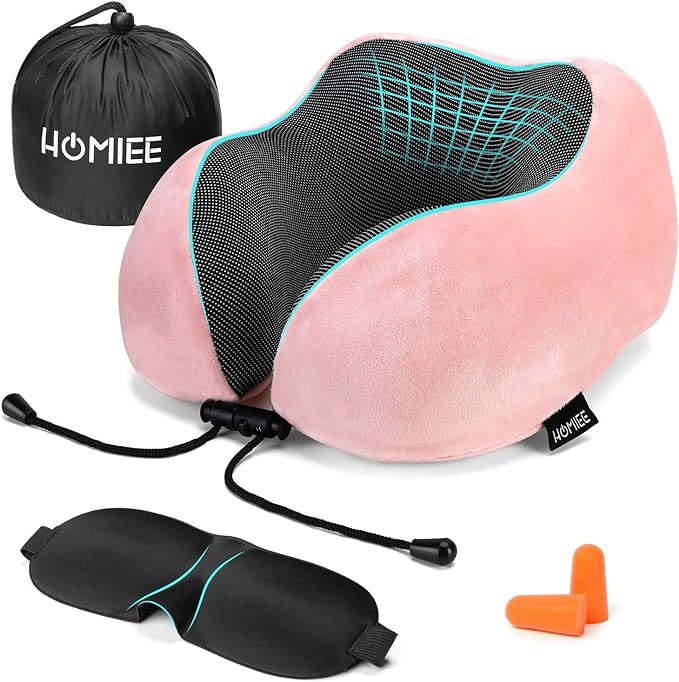 HOMIEE Travel Pillow 100% Pure Memory Foam Neck Pillow, Travel Accessories with Eye Mask, Earplug... | Amazon (US)