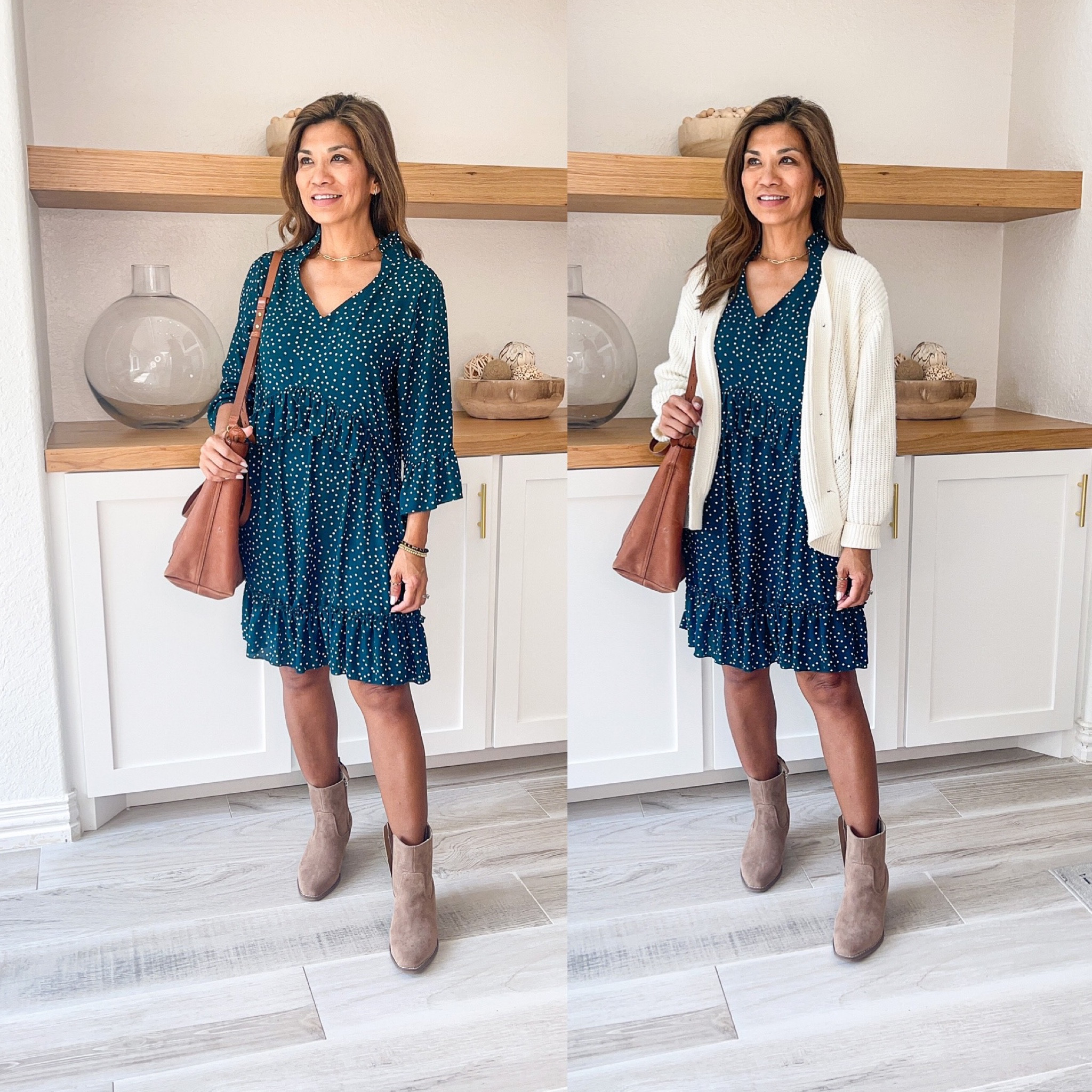 Dress in small tts
Cardigan in small tts
Boots fit tts
Madewell tote bag


#LTKSeasonal #LTKitbag #LTKworkwear
