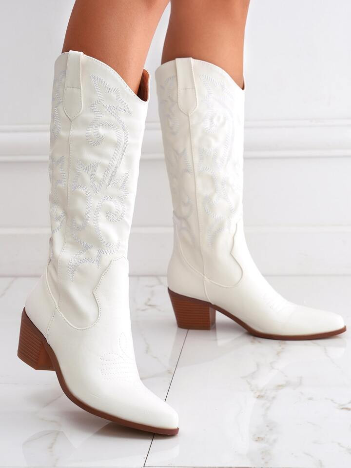Women Scroll Embroidery Chunky Heeled White Western Boots | SHEIN