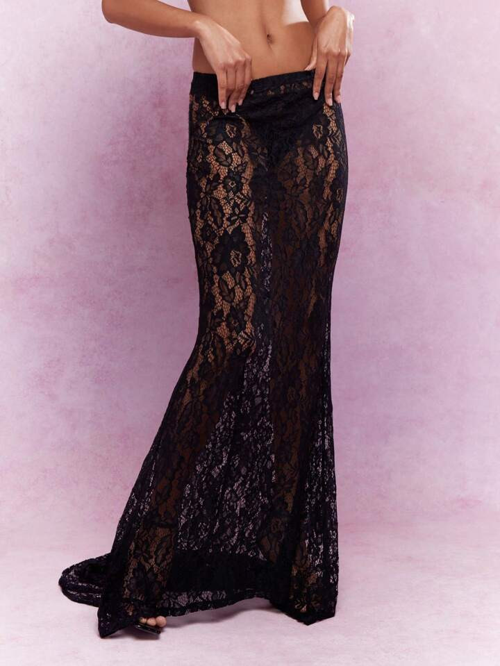 MISSGUIDED Music Festival Sheer Lace Mermaid Hem Maxi Skirt With Train | SHEIN