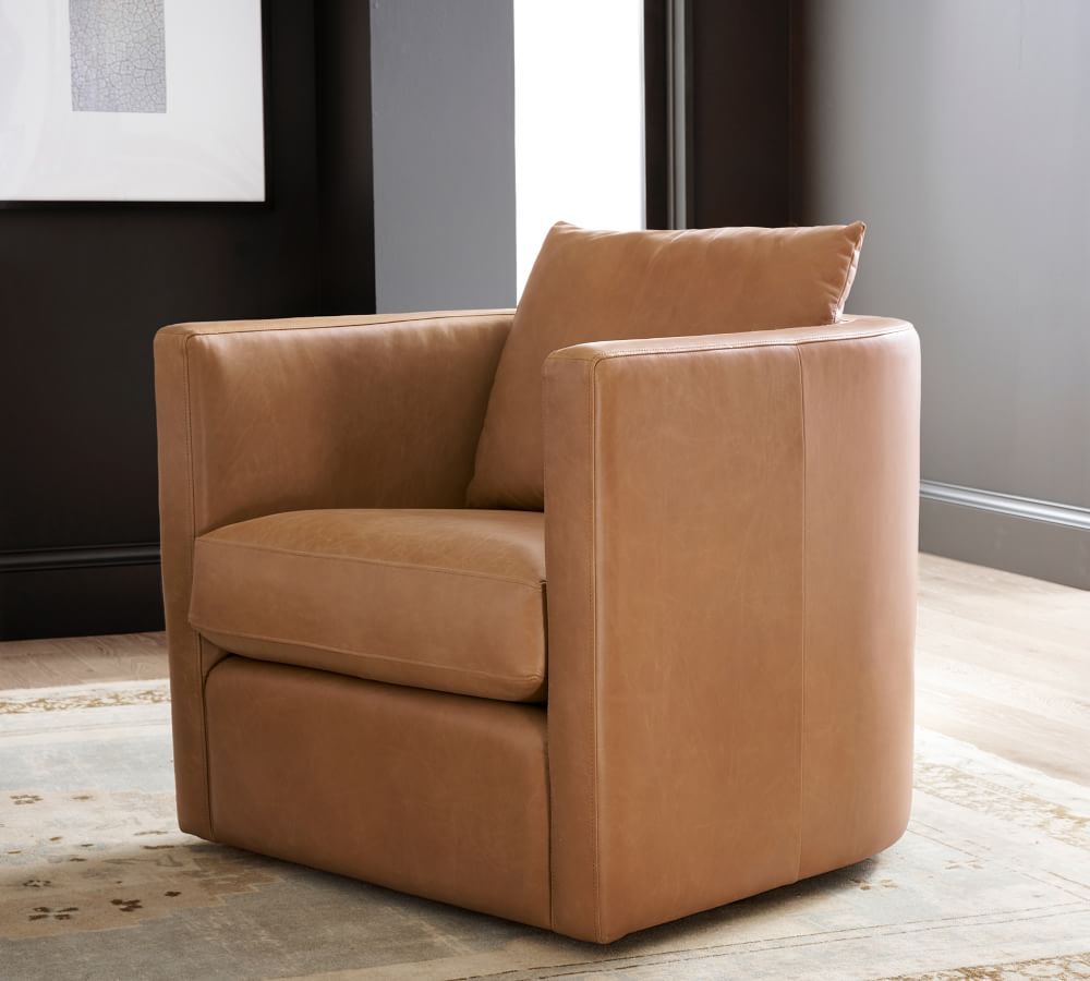 Ayden Barrel Back Leather Swivel Armchair | Pottery Barn (US)