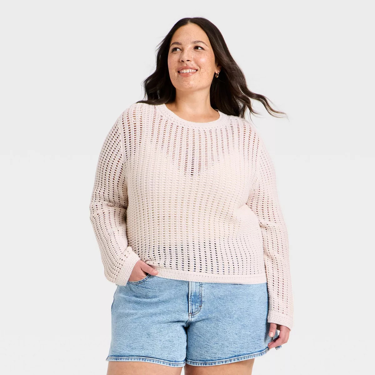 Women's Crochet Openwork Crewneck Pullover Sweater - Universal Thread™ Cream 1X | Target
