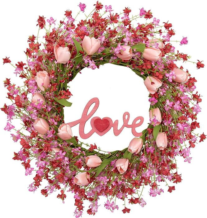 Valentines Day Wreath Decor, 22inch Artificial Pink Wreath with Tulip Berry Green Leaf Element, V... | Amazon (US)