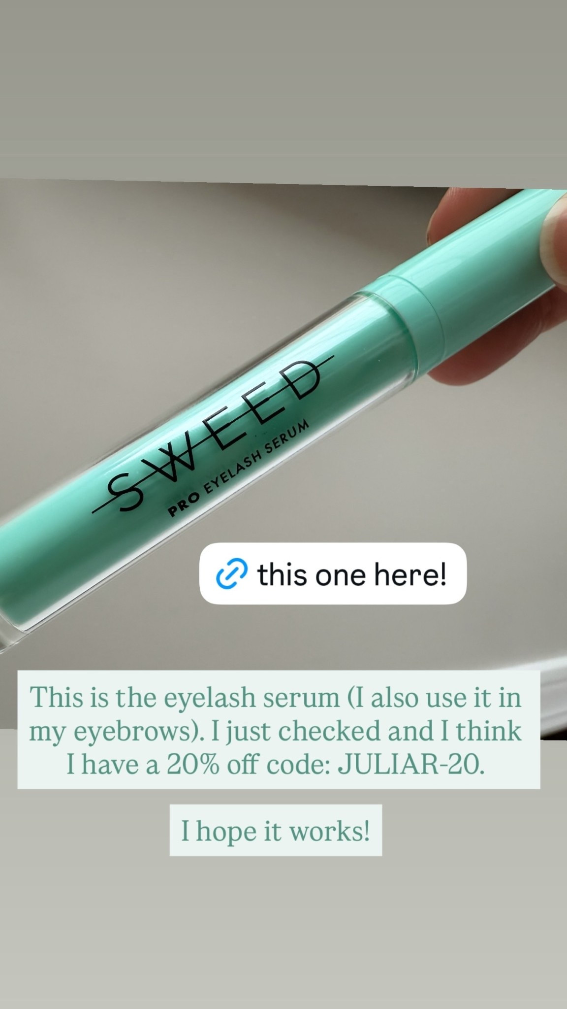 This is the eyelash serum (I also use it in my eyebrows). I just checked and I think I have a 20% off code: JULIAR-20. 

I hope it works!