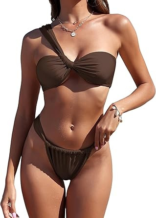 ZAFUL Women's One Shoulder Bikini Twisted Ruched High Cut Bandeau Bikini Set Two Piece Swimsuit | Amazon (US)