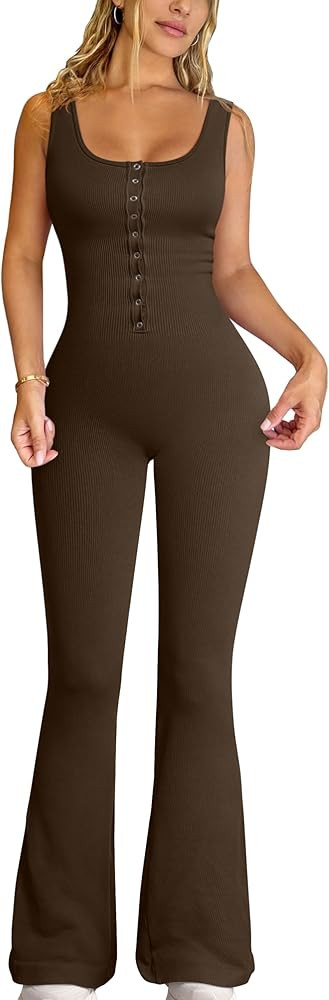 OQQ Jumpsuits For Women Ribbed Square Neck Sleeveless Sexy Stretch Flare Jumpsuits | Amazon (US)