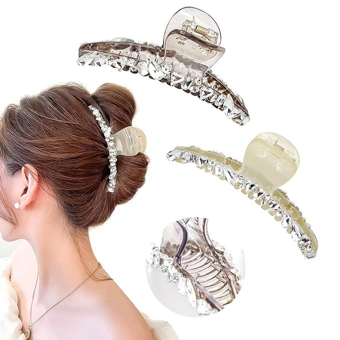 2Pcs Rhinestone Hair Clips for Women - 4.7 Inch Medium & Large Shark Jaw Claw Clips, Strong Hold ... | Amazon (US)