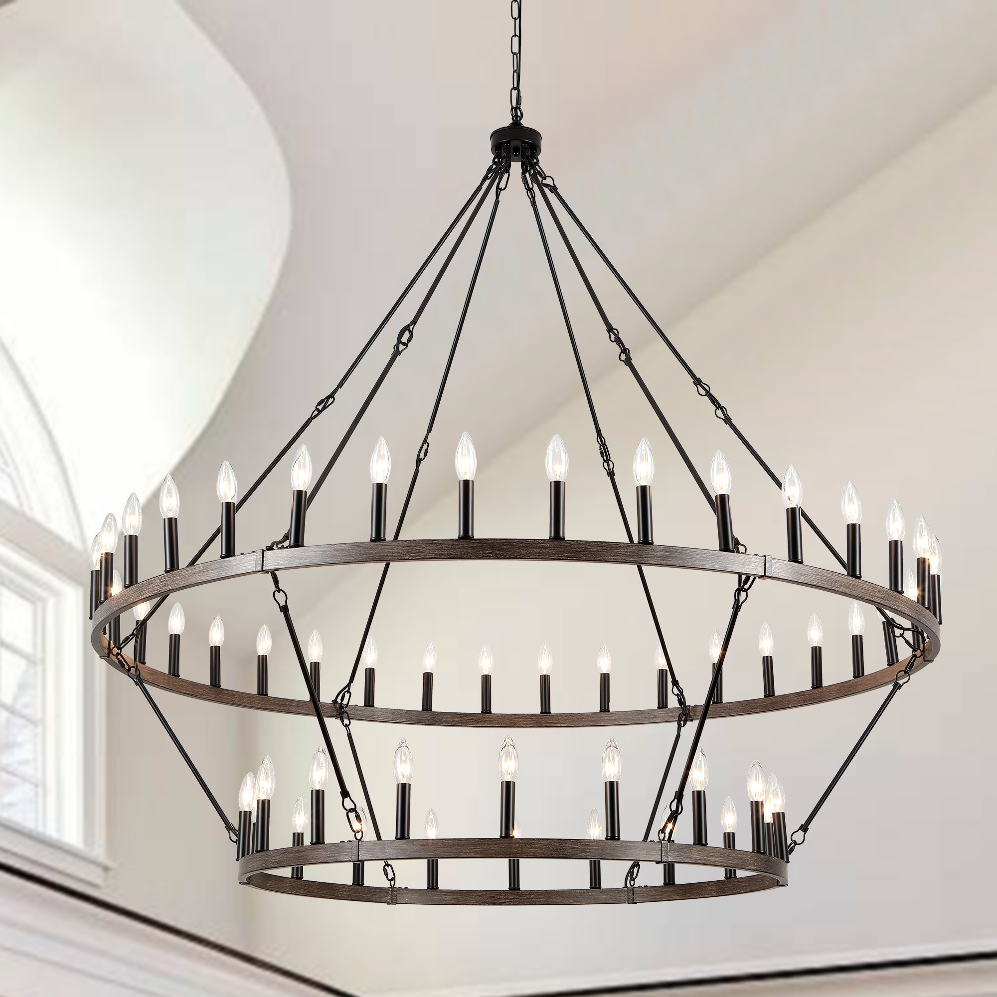 60 in. 54-Light 2 Tier Extra Large Farmhouse Wagon Wheel Chandelier Black+Brown | Walmart (US)
