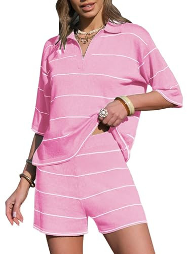 EXLURA Womens Summer 2 Piece Outfits Faux Cashmere Sweater Knit V Neck Tops Matching Shorts Sets Tennis Workout Vacation 2026 | Amazon (US)