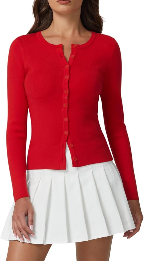 QINSEN Womens Long Sleeve Crewneck Cardigan Sweater Lightweight Button Down Knit Tops Outerwear | Amazon (US)