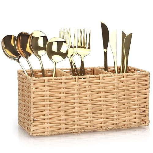 Ayiaren Wicker Flatware Silverware Caddy Cutlery Holder Kitchen Silverware Organizer Storage for Countertop Small Utensil Holders Party Table Spoon Knives Fork Holder Flatware Utensils Caddy Basket | Amazon (US)
