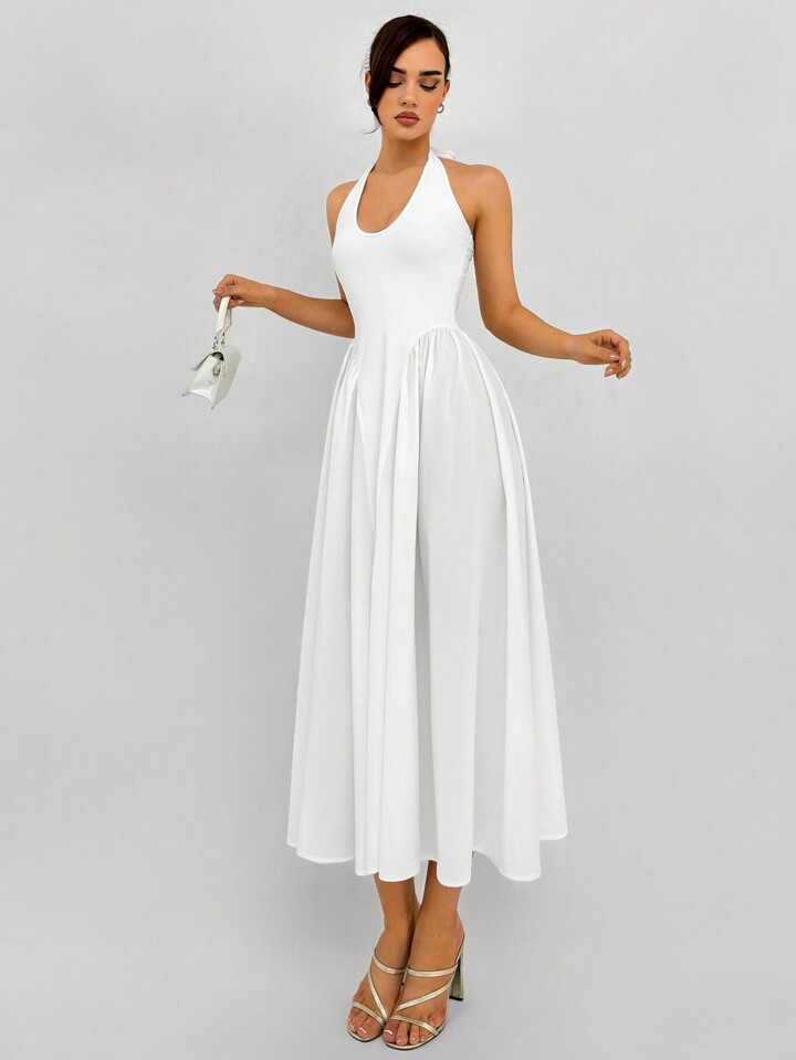 SHEIN Aloruh Women's White A-Line Bodycon Dress With Deep V-Neck, Empire Waist And Umbrella Hem F... | SHEIN