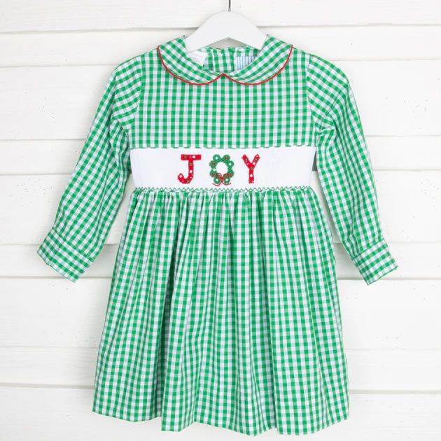Joy Smocked Long Sleeve Collared Dress Green Check | Classic Whimsy