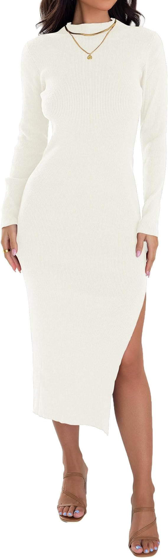 ZESICA Women's 2025 Ribbed Knit Dress Long Sleeve Mock Neck Slim Fit Side Slit Spring Elegant Swe... | Amazon (US)