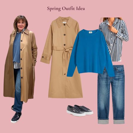 What to wear  - Spring showers. The best trench, great for bigger busts that don’t suit double breasted styles. Paired with silk stripe shirt, lightweight cashmere knit, jeans and trainers. 

#LTKstyletip #LTKover40 #LTKeurope