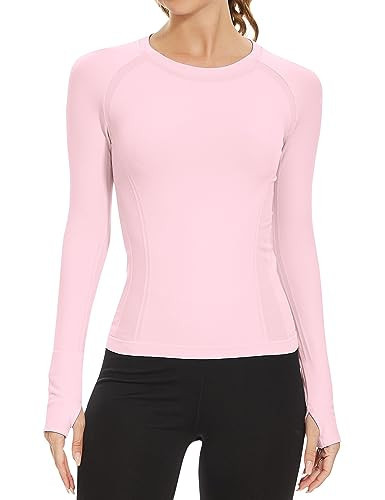 MathCat Workout Shirts for Women Long Sleeve, Workout Tops for Women, Quick Dry Gym Athletic Tops，Seamless Yoga Shirts Lightpink | Amazon (US)