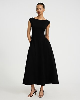 Cap Sleeve Open Back Drop Waist Maxi Dress with Pockets | Express