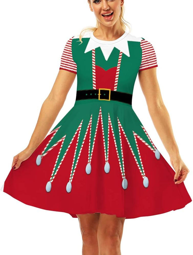 Ainuno Ugly Christmas Dress for Women Red Green Print Holiday Dresses for Xmas | Amazon (US)