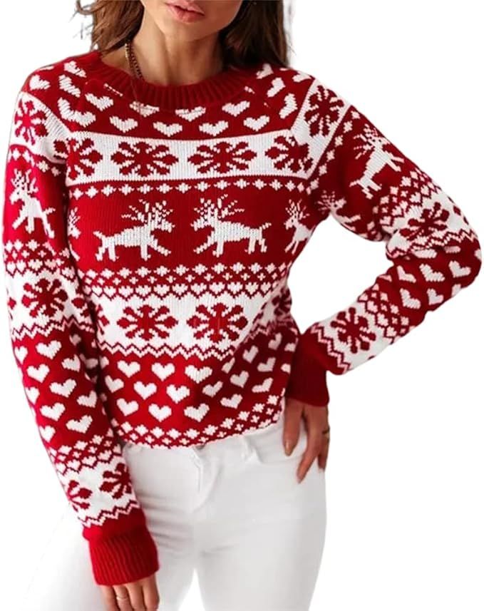 ZAFUL Women's Christmas Snowflake Reindeer Knitted Sweater Long Sleeve Crew Neck Heart Animal Pri... | Amazon (US)