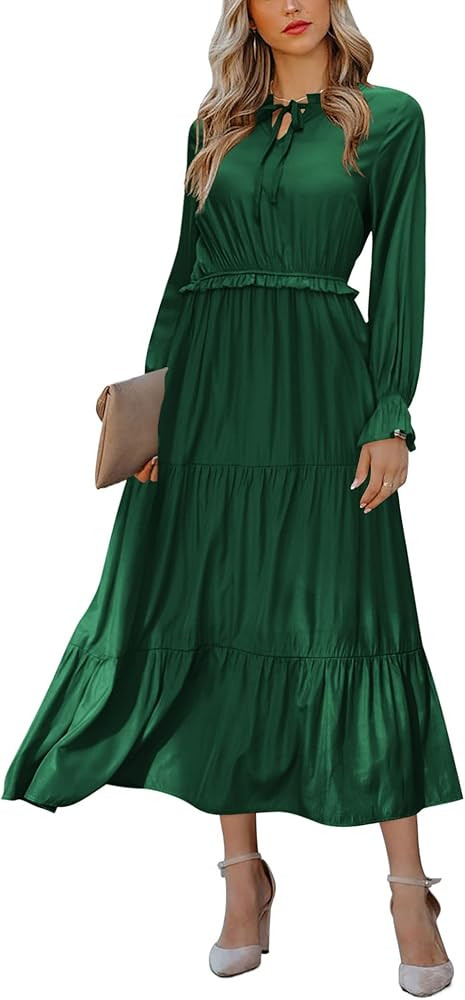 Chigant Casual Long Sleeve Dress for Women Crew Neck Tie Neck High Waist Ruffle Hem Solid Color Boho | Amazon (US)