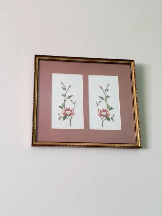 Vintage cross stitch of flowers in a gold frame | Etsy (US)