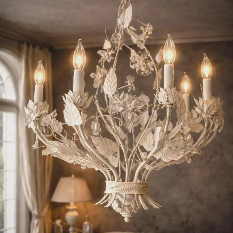 French Country Floral Chandelier, Cottagecore Ceiling Light, Ivory Iron Chandelier, Vintage Farmh... | Etsy (Global)