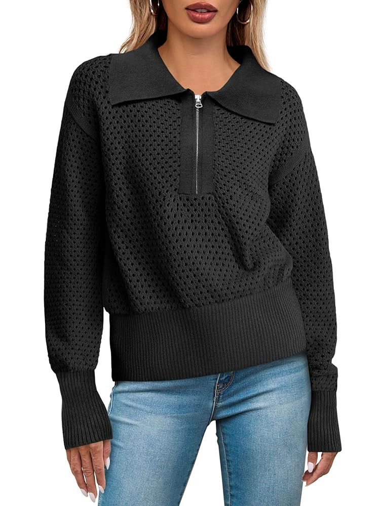 Women's Half Zip Pullover Sweaters Crochet Lapel Collar Long Sleeve Knit Solid Color Jumper Tops | Amazon (US)