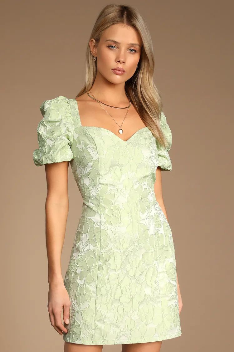 Beyond Amazing Light Green Floral Jacquard Puff Sleeve Dress | Lulus