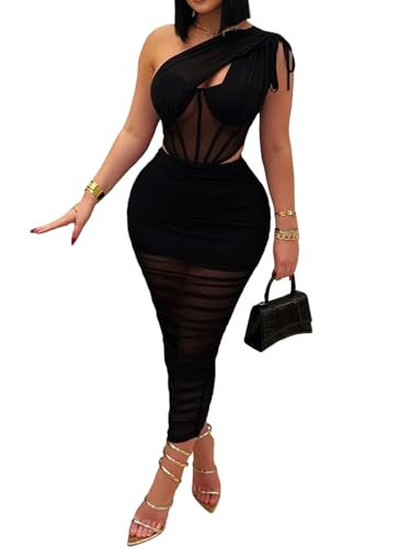 2 Piece Dress Sets for Women Mesh Patchwork Corset High Waist Bodycon Ruched Long Set Club Night Out Dresses Black S | Amazon (US)