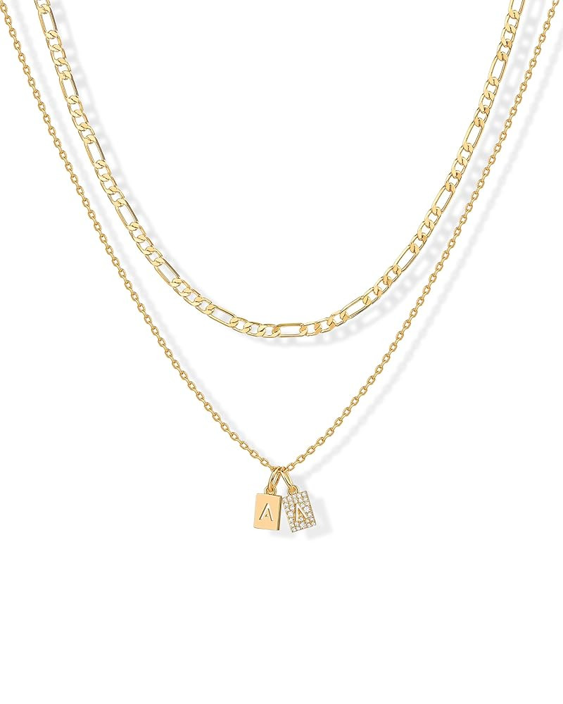 PAVOI 14K Gold Plated Initial Letter Double Dog Tag Pendant Necklace | Dainty Cubic Zirconia Lett... | Amazon (US)