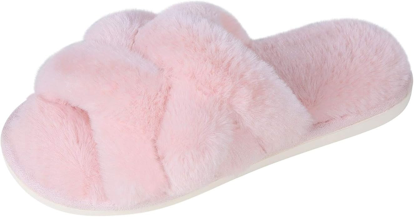 Litfun Women's Fuzzy Cross Band House Slippers Memory Foam Furry Indoor Open Toe Slippers | Amazon (US)