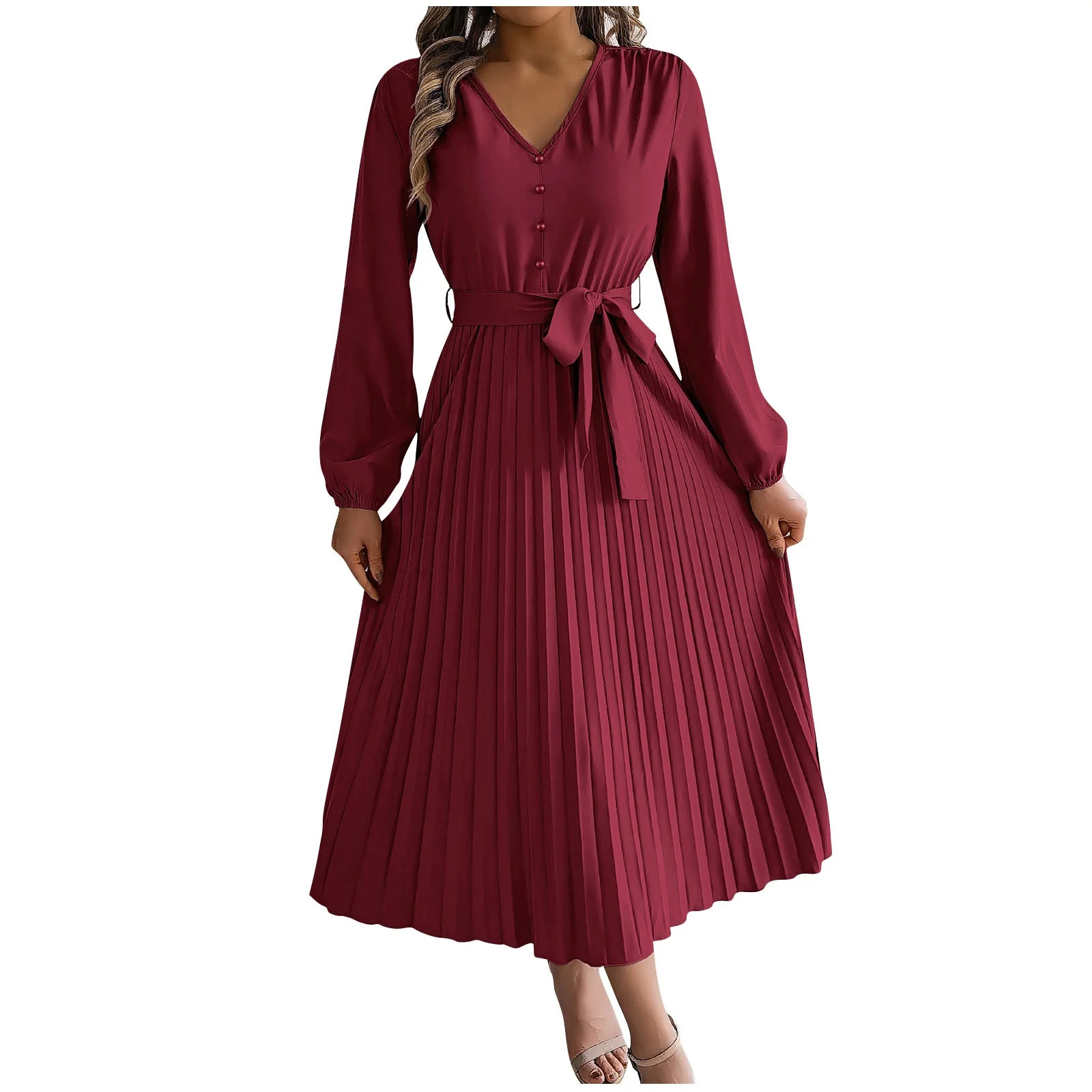 hotojiny Women Wedding Guest Dresses Long Sleeve V Neck Fall Winter Midi Dress Pleated Tie Dress ... | Walmart (US)