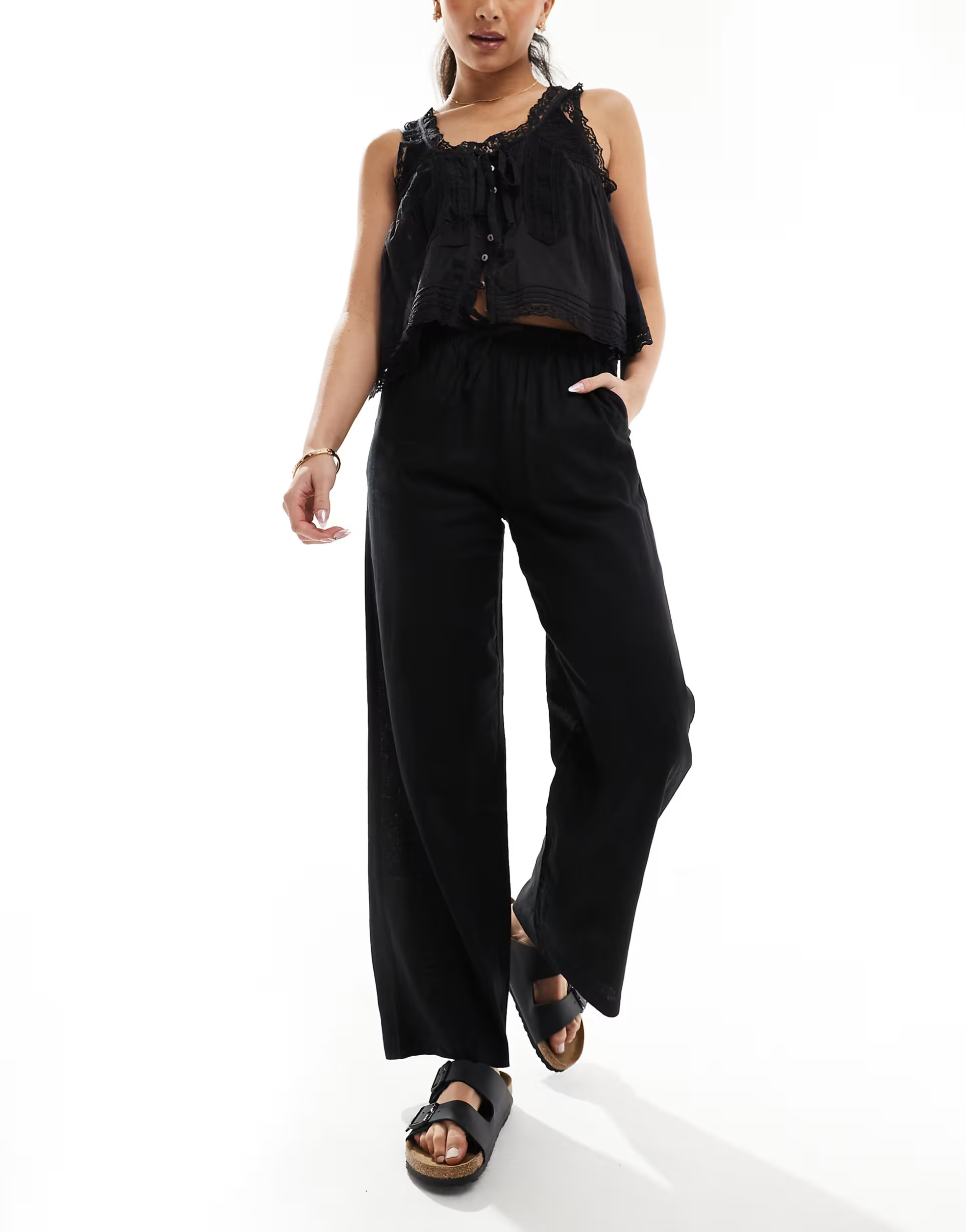 Bershka tie waist wide leg linen trousers in black | ASOS (Global)