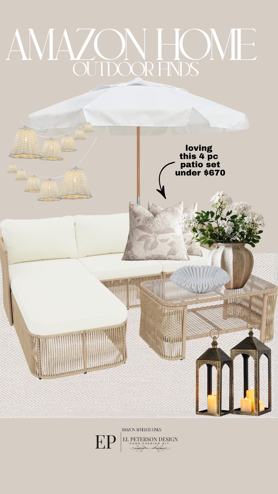 Amazon Home
4 pc outdoor patio set
Rig
Lanterns
Vase
Bowl
String lights
Umbrella 
Pillows

#LTKHome