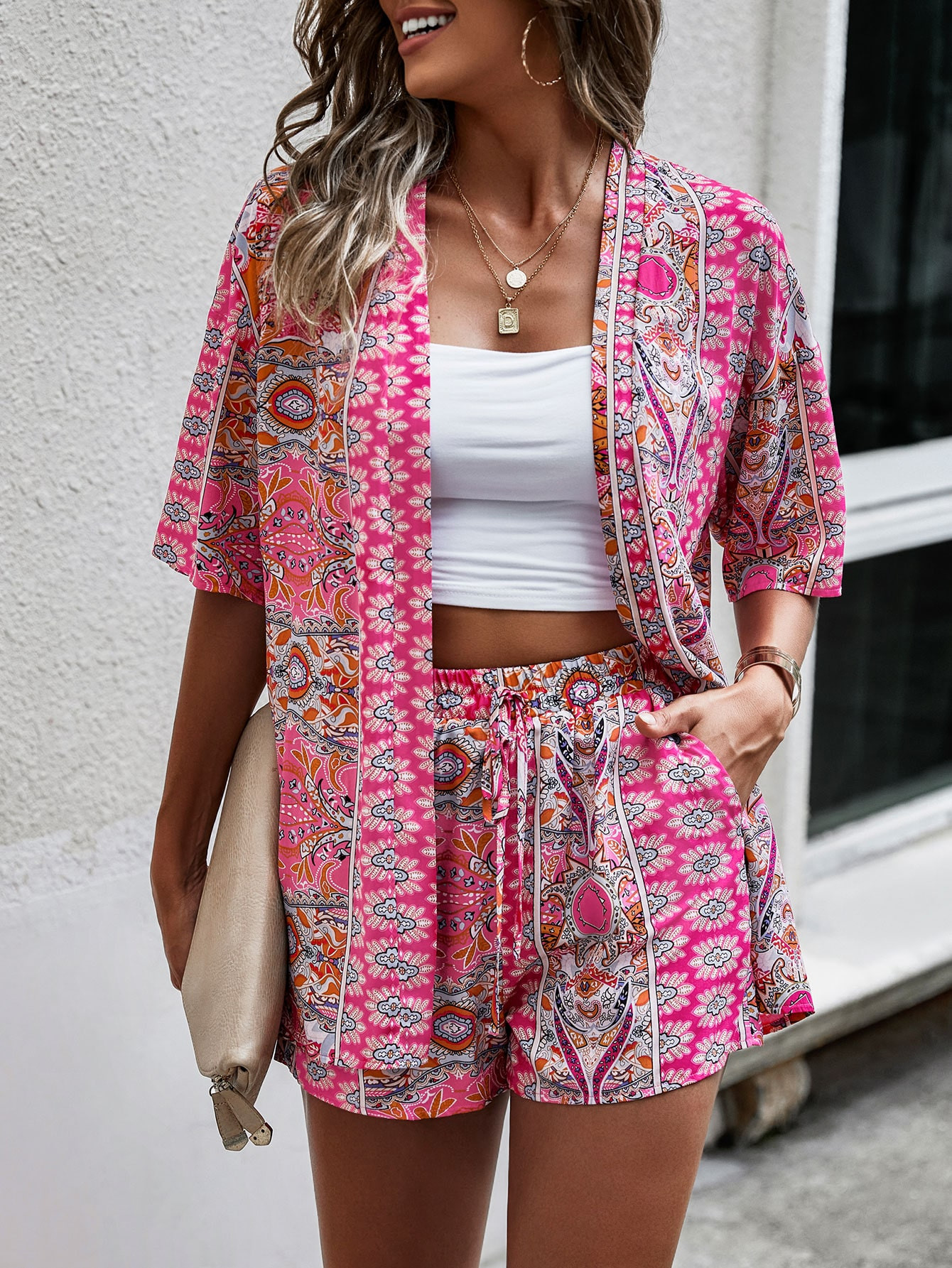 SHEIN VCAY Paisley Print Open Front Kimono & Shorts Set Without Tube Top | SHEIN