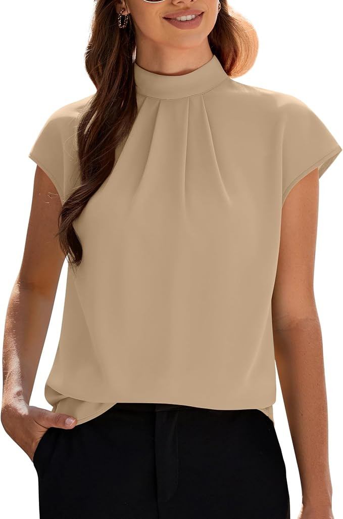 Funlingo Womens Summer Tops Mock Neck Short Cap Sleeve Blouses Business Casual Work Chiffon Shirt... | Amazon (US)