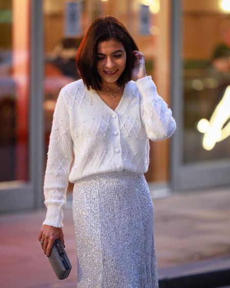 Sequin Silver Skirt Cocktail Outfit Party Outfit Occasion Skirt Petite Outfit Night Out Outfit White Pearl Cardigan New Yers Outfit Festive Outfit 

#LTKSeasonal #LTKeurope #LTKstyletip