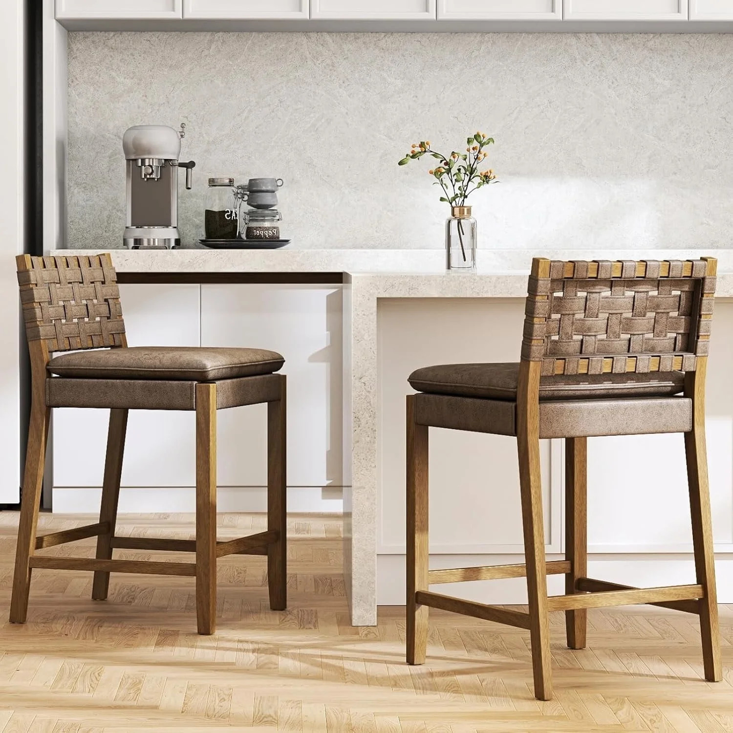 Guyou 26" Rattan Bar Stools Set of 2, Farmhouse Woven Wooden Counter Height Stools with Footrest,... | Walmart (US)