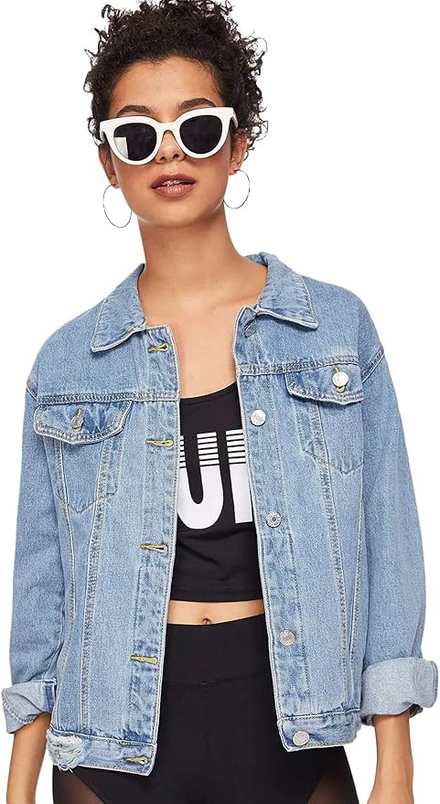 SweatyRocks Women's Casual Long Sleeve Button Down Boyfriend Denim Jacket | Amazon (US)