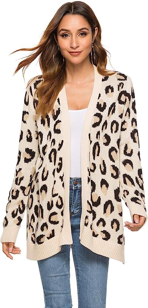 Women's Leopard Cardigan Sweater Open Front Knit Kimono Duster Cheetah Long Sleeves Chic Coat | Amazon (US)